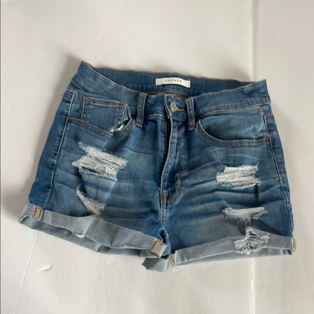 PacSun - The Shortie - Blue Medium Wash Distressed Denim Shorts size 26